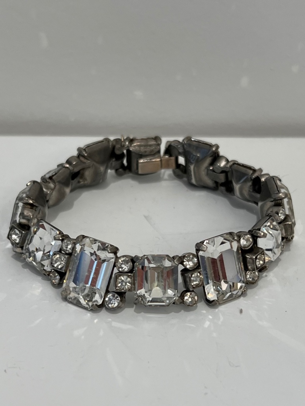 Signed Eisenberg Emerald Cut Rhinestone Tennis Bracelet Rhodium Vintage 1950s